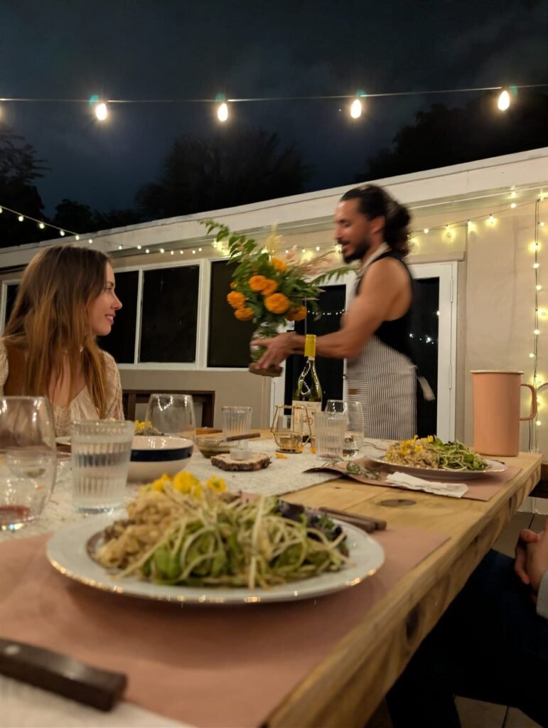 Chef plating a course outdoors beside the dinner table