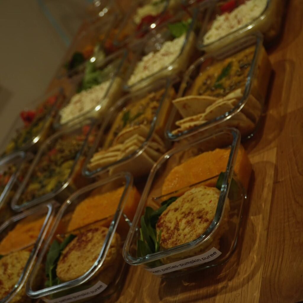 Close view of prepared meal containers with grains, greens and protein