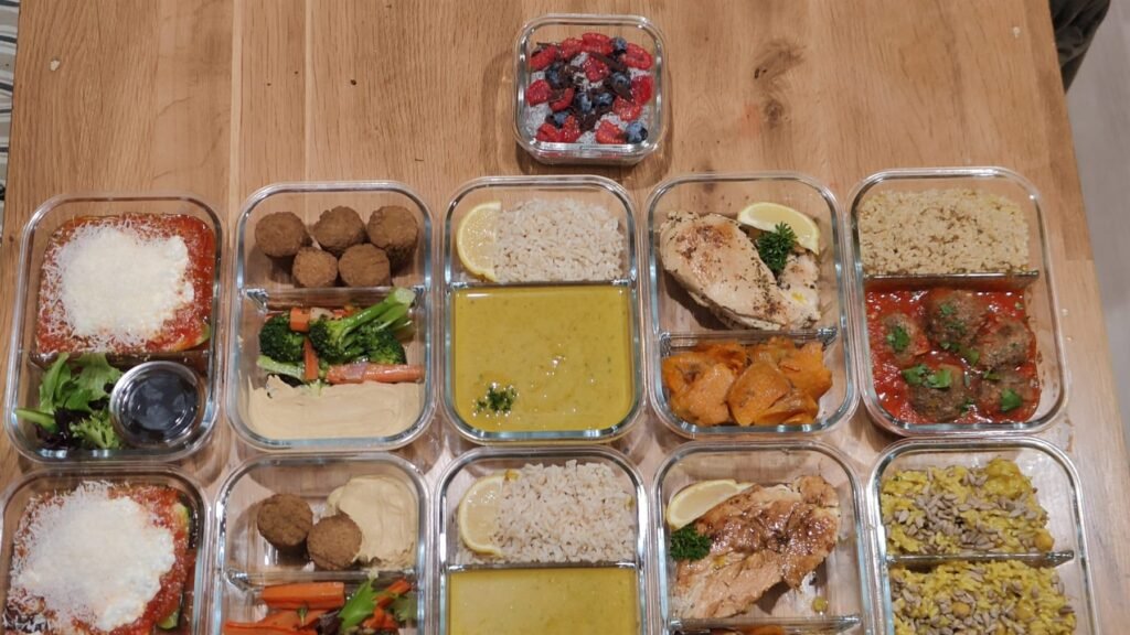 A week of prepared meals portioned into glass containers by a personal chef in Miami